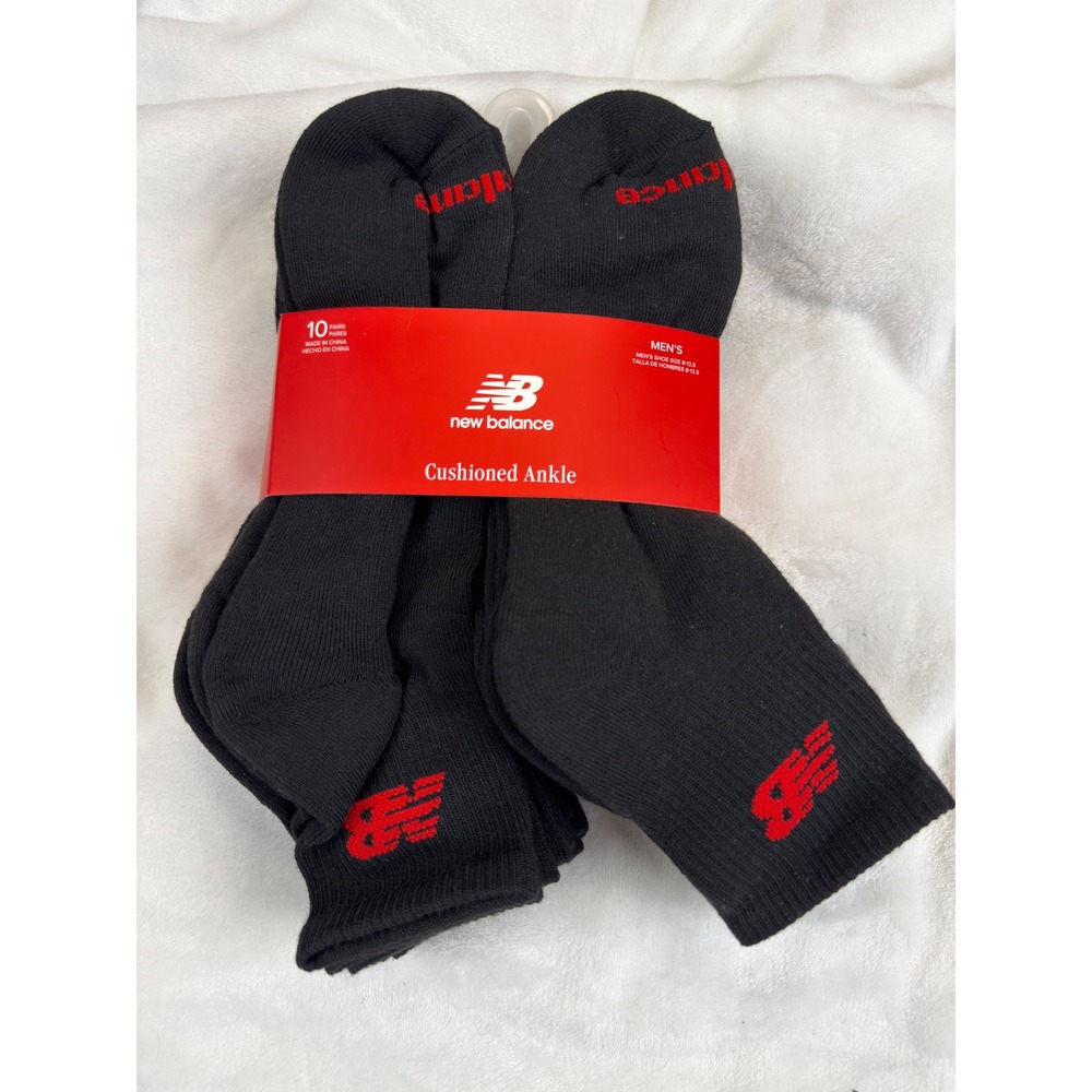 New Balance Mens Cushioned Ankle Socks 10 Pair Pack Black Red Size 8-12.5 New